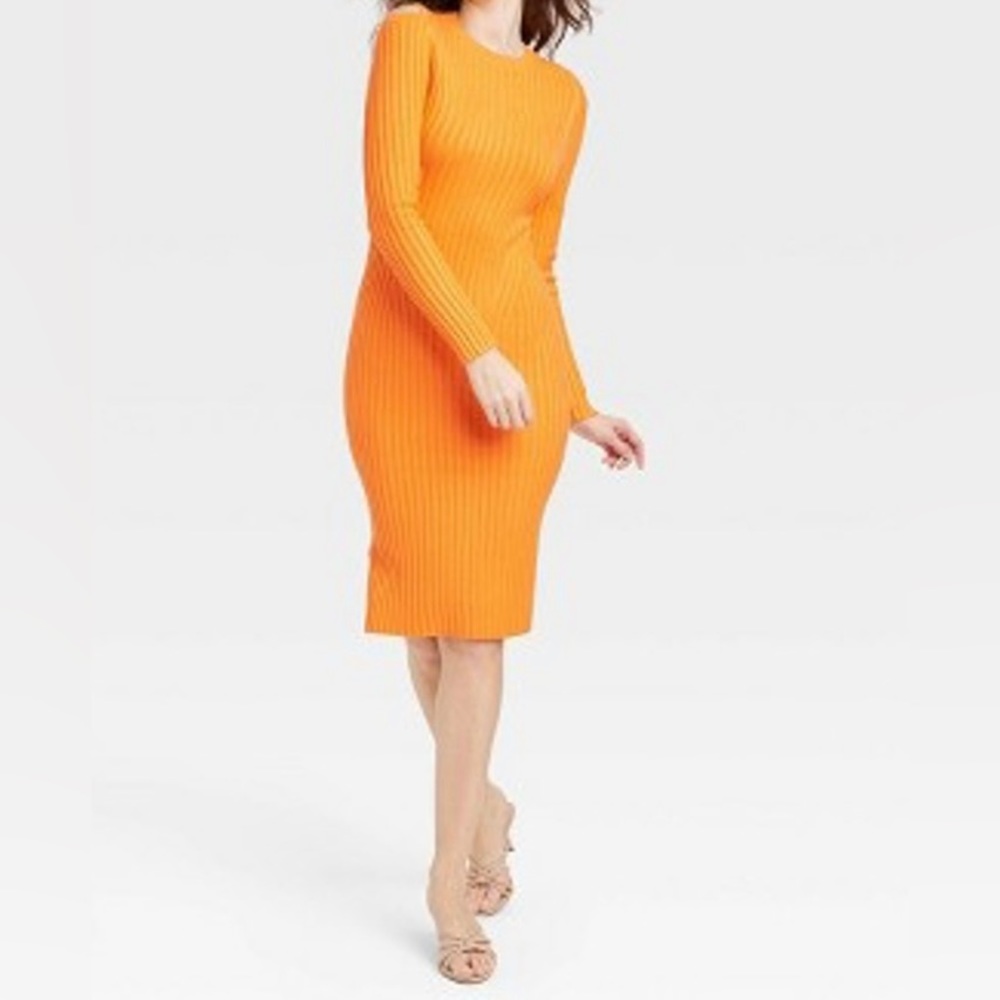 A New Day - bright orange ribbed dress with exposed shoulders